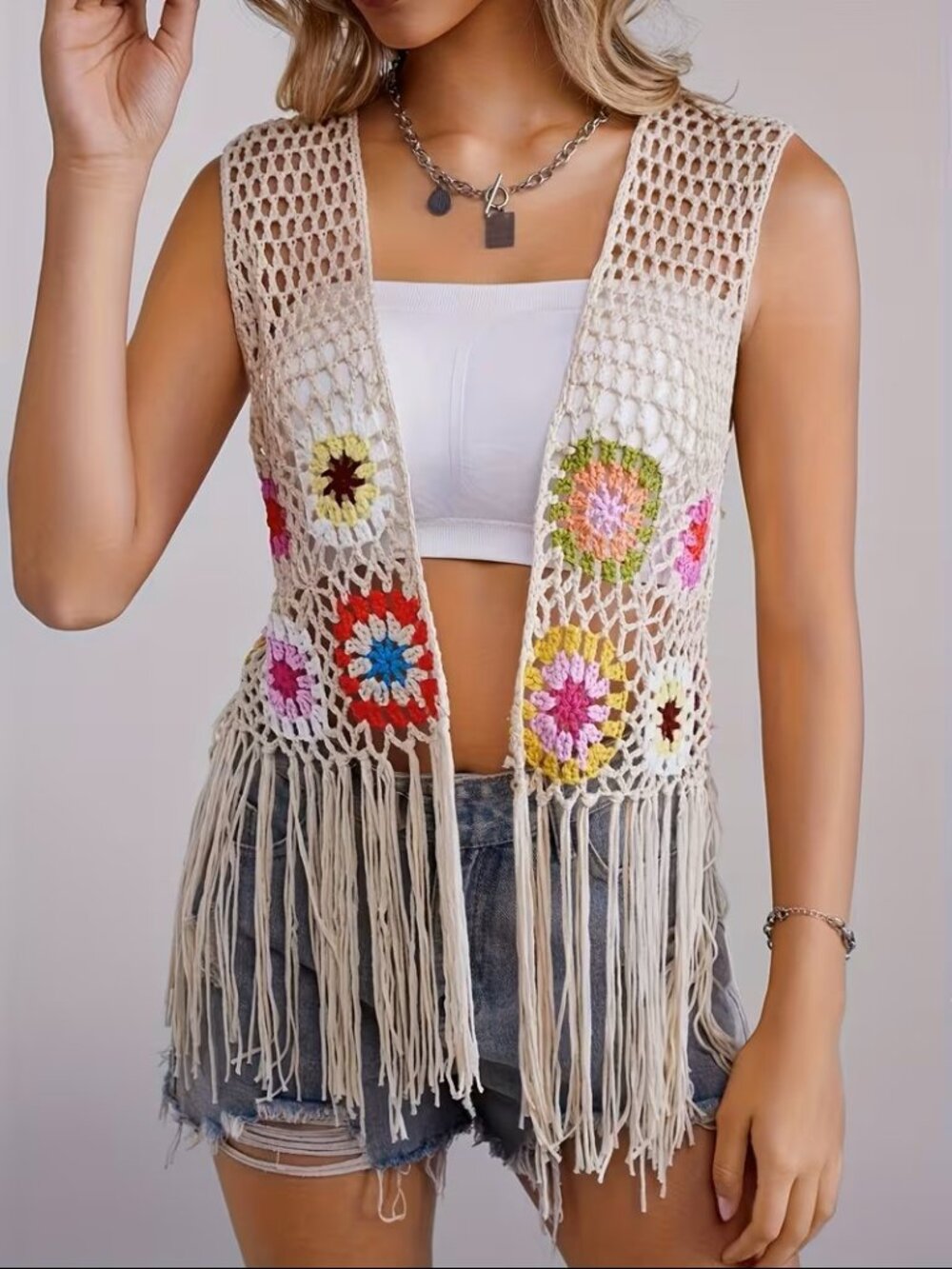 Unbranded Bohemian Granny Square Crochet Vest Floral Colorful NEW Sz S/M Fringe